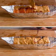 two pictures of food being cooked in foil on a cutting board and then put into a container