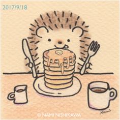 a drawing of a hedgehog sitting at a table with a stack of pancakes on it