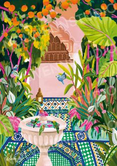 a painting of a fountain surrounded by tropical plants