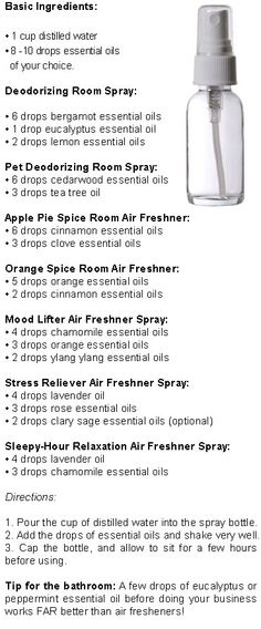 Cleaning Business Ideas, Essential Oil Spray Recipes, Room Spray Recipe, Diy Room Spray, Essential Oil Perfumes Recipes, Air Freshener Spray, Homemade Essential Oils, Essential Oil Diffuser Blends Recipes, Essential Oil Spray