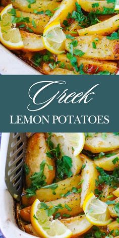 lemon potatoes with parsley in a white casserole dish on a blue tablecloth