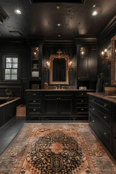 a large bathroom with black cabinets and an ornate rug on the floor in front of it