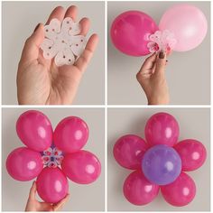 four different pictures of balloons and flowers being held by someone's hand with one balloon in the shape of a flower