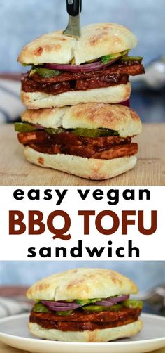 an easy vegan bbq tofu sandwich is shown on a plate with the title