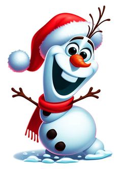 a cartoon snowman wearing a santa hat and scarf with his arms out in the air