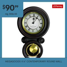 a black and gold clock with the words megagods it's contemporary round wall clock