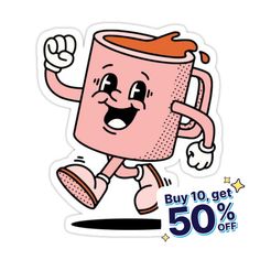 a sticker with an image of a pink coffee mug on it's face