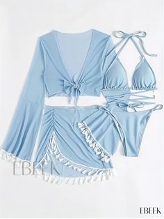 Ebeek - Womens Blue High Stretch 4 Piece Swimsuit Set with Criss Cross Halter Bikini, Long Sleeve Cover Up Top, Tassel Trim Wrap Skirt: Stylish Swimwear and Clothing Combo Light Blue Summer Vacation Sets, Bohemian Fitted Beach Sets, Blue Beachwear Sets For Spring, Blue Beachwear Party Set, Fitted Light Blue Sets For Beach, Fitted Light Blue Set For Beach, Fitted Sets For Beach Party Season, Fitted Blue Sets For Poolside, Blue Stretch Sets For Pool