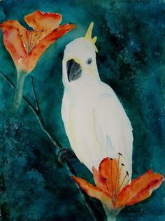 a painting of a white bird sitting on a branch with red flowers in the background