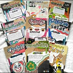 many different types of stickers on a sheet of paper with words and pictures attached to them