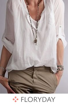 Solid Cotton V-Neckline Half Sleeve Blouses, casual blouse, white blouse, freestyle, spring summer 2018, new fashion, blouse you love. Half Sleeve Blouse, Mode Casual, Looks Street Style, Street Style Chic, 가을 패션, Mode Inspiration, Street Styles, Look Fashion, White Shirt