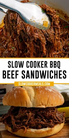 Close up of slow cooker bbq beef sandwiches on a bun and being held by tongs. Beef Sandwiches Recipes, Shredded Beef Sandwiches, Hot Beef Sandwiches, Slow Cooker Bbq Beef, Bbq Beef Sandwiches, Beef Sandwich Recipes, Bbq Roast, Chuck Roast Recipes