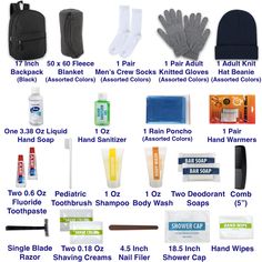 One of our most popular hygiene kits, perfect for donating as a homeless care kit, or for fundraisers, donation drives, and charitable organization. Each hygiene kit is individually packed with the following supplies: 17 Inch Backpack (Black Only) 1 Liquid Hand Soap - 3.38 Oz 50 x 60 Fleece Blanket 1 Pair of Men's Cotton Crew Socks Solid Colors Sock Size 10 - 13 (Assorted Colors) 1 Pair of Adult Knitted Gloves (Assorted Colors) 1 Adult Knit Hat Beanie (Assorted Colors) 1 Oz Hand Sanitizer 1 Disp Homeless Care Package Blessing Bags Christmas Gifts, Care Basket For Kid With Broken Arm, Occ Shoebox Fishing Kits, Gifts For Men In The Hospital, Water Bottle Survival Kit, Homeless Care Package Blessing Bags, Bags For Homeless Care Packages, Homeless Blessing Bags, Blessing Bags For Homeless