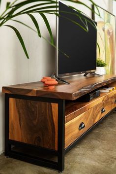 a flat screen tv sitting on top of a wooden cabinet next to a plant in a room