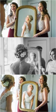 the bride is looking at her reflection in the mirror and getting ready for her wedding