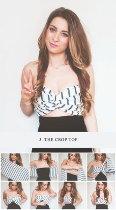 a woman in a crop top making the number one sign with her hands and showing five different poses