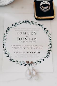 a wedding ring sits on top of a card