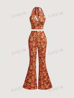 SHEIN USA Retro Flare Pants Outfit, Funky Outfits For Women, Tie Backless Halter Top, Abba Outfits, Looks Hippie, Orange Outfits, Vintage Upcycling