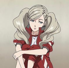 an anime character with blonde hair and blue eyes wearing a red dress, holding her arms crossed