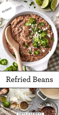 a bowl filled with refried beans and topped with green peppers