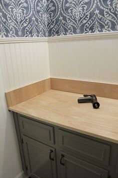 Tired of those ugly countertops? Looking for an easy solution? Here's how we made a DIY wood Bathroom countertop in just one weekend. But Her Block Bathroom Counter, Butcherblock Countertop In Bathroom, Wooden Countertops Bathroom, Wood Top Bathroom Vanity, Wood Top Vanity, Wood Countertops Bathroom, Wood In Bathroom