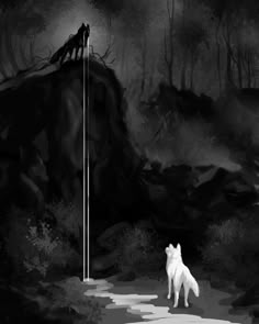 a white dog standing in the middle of a forest next to a tall flag pole