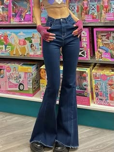 High Waist Flare Jeans, High Waisted Flare Jeans, Women Streetwear, Jeans High Waist, High Waisted Flares, Y2k Outfits, Baggy Pants, Blue Pants, Flared Jeans