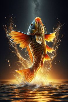 a painting of a goldfish jumping out of the water with its mouth open and it's tail splaying