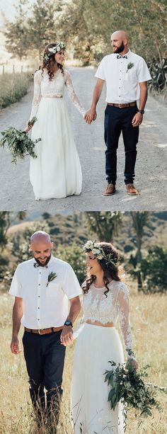 the bride and groom are holding hands as they walk down the road in their wedding attire