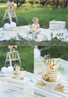 a collage of photos shows a baby sitting in front of a cake