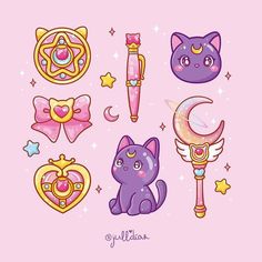 some cute little items that are on a pink background with stars and moon in the sky