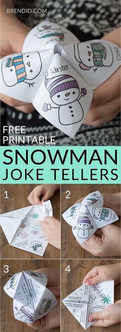 the instructions for how to make snowman joke tellers with pictures and text on it