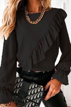 Crewneck Bell Sleeve Ruffle Blouse Shirt Summer Blouses, Chiffon Shirt, Blouse Shirt, Bell Sleeve, Apricot, Fashion Casual, Black Shirt, Bell Sleeves, Casual Fashion