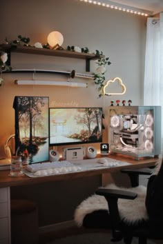 a desk with two computer monitors on top of it and a chair next to it