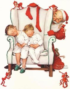 two children are sleeping on a chair with santa claus