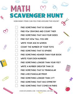 a printable math scavenger hunt with school supplies on the top and below it