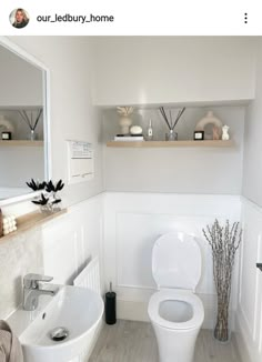 a white toilet sitting in a bathroom next to a sink under a mirror and shelves