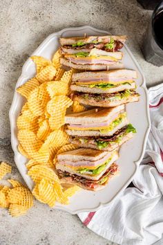 a white plate topped with sandwiches and chips