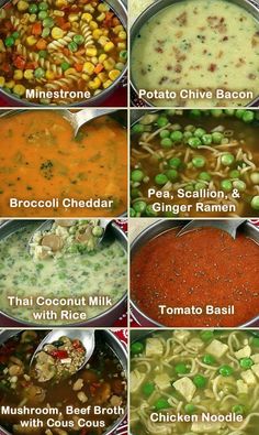 six different types of soups are shown in the pictures, including broccoli, peas, pasta, and other foods