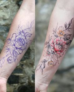 two different tattoos on the arms of people, one with flowers and one with leaves