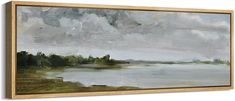 an oil painting on canvas of a lake with trees and clouds in the sky above it