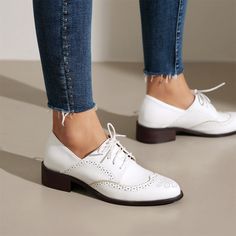 Shop White Women's Office Lace up Hollow out Wingtip Oxford Shoes color White for Anniversary, Going out, Hanging out with worldwide Free shipping & Free return. White Flat Heel Lace-up Office Shoes, Summer Office Lace-up Shoes With Round Toe, White Lace-up Shoes For Office, White Lace-up Office Shoes, White Round Toe Oxfords For Spring, White Flat Heel Oxfords For Office, White Closed Toe Oxfords For Office, Spring White Round Toe Oxfords, Trendy Spring Lace-up Office Shoes