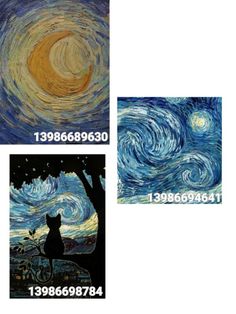 three pictures of the same painting in different colors and sizes, each with an image of a cat sitting on a tree