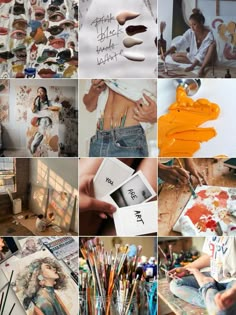 a collage of different pictures with people doing arts and crafts on them, including paintings