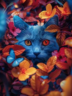 a blue cat with orange eyes surrounded by leaves and flowers in the background is an image of butterflies