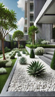 an outdoor garden with plants and rocks in the grass, next to a tall building