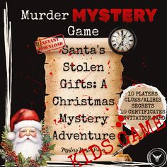 a poster with santa's stolen christmas mystery and an old - fashioned clock on it