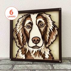 a brown and white dog is in a wooden frame with the number six layers below it