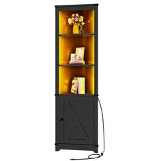 a tall bookcase with three shelves and a light on the top, in front of a white background