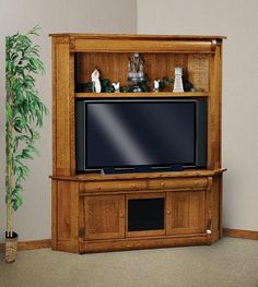 a large wooden entertainment center with a flat screen tv on it's sides and shelves